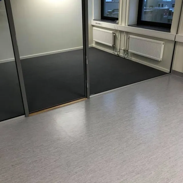Glassvegg skiller to rom med ulike gulv, ett med lys vinyl og ett med mørk teppeflis, store vinduer i bakgrunnen.