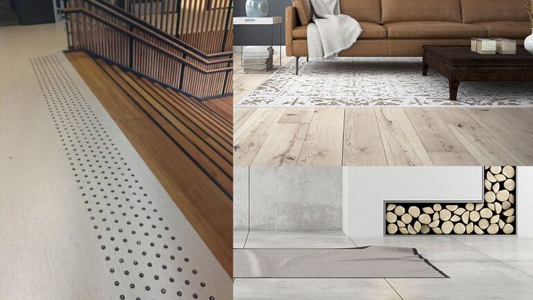 Taktile punkter og kontrastmarkeringer i trapp ved moderne rekkverk i tre og metall.